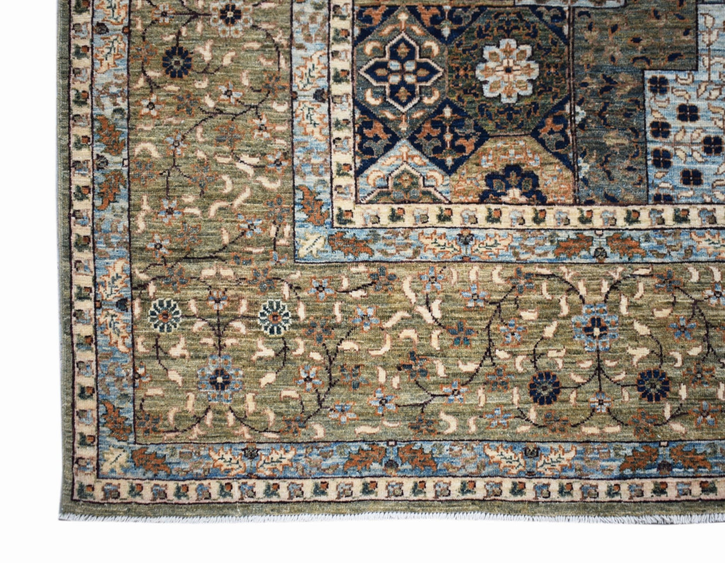 Handwoven Afghan Balkh rug featuring a traditional Mamluk pattern in olive green and blue tones.