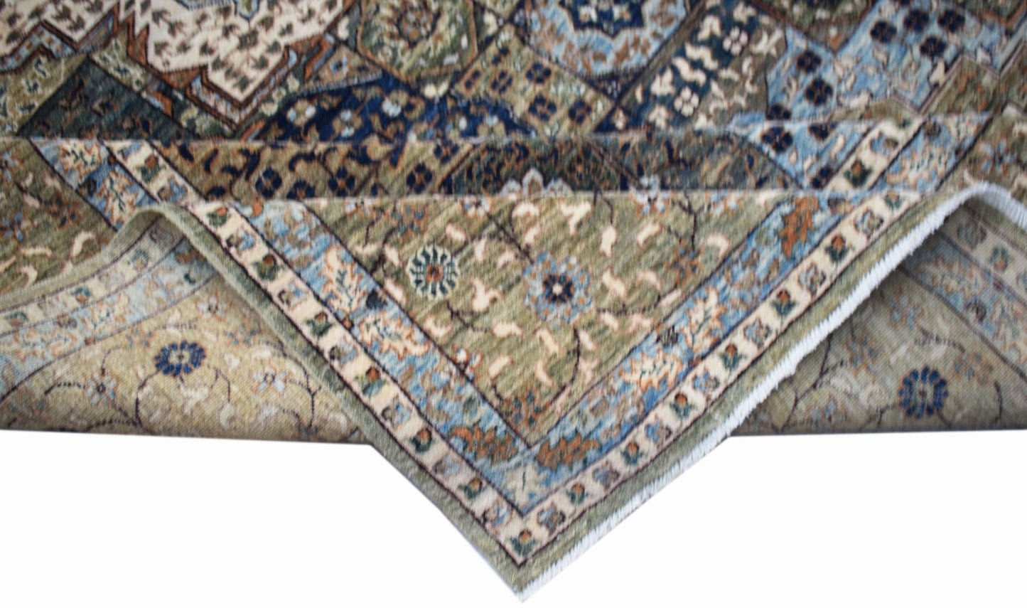 A handwoven Afghan Balkh rug featuring a detailed Mamluk pattern in shades of blue and green.