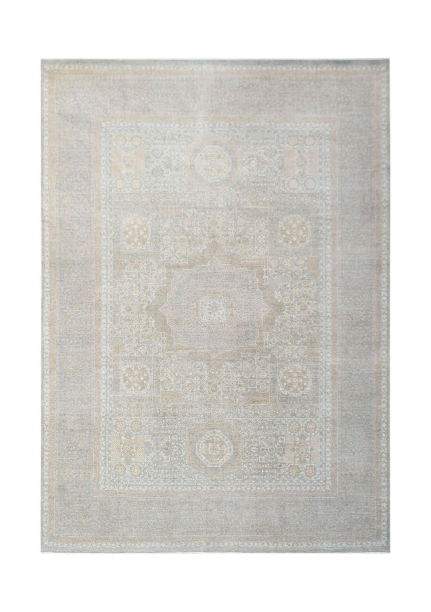 A handwoven Afghan Balkh rug featuring a traditional medallion pattern in soft neutral tones.