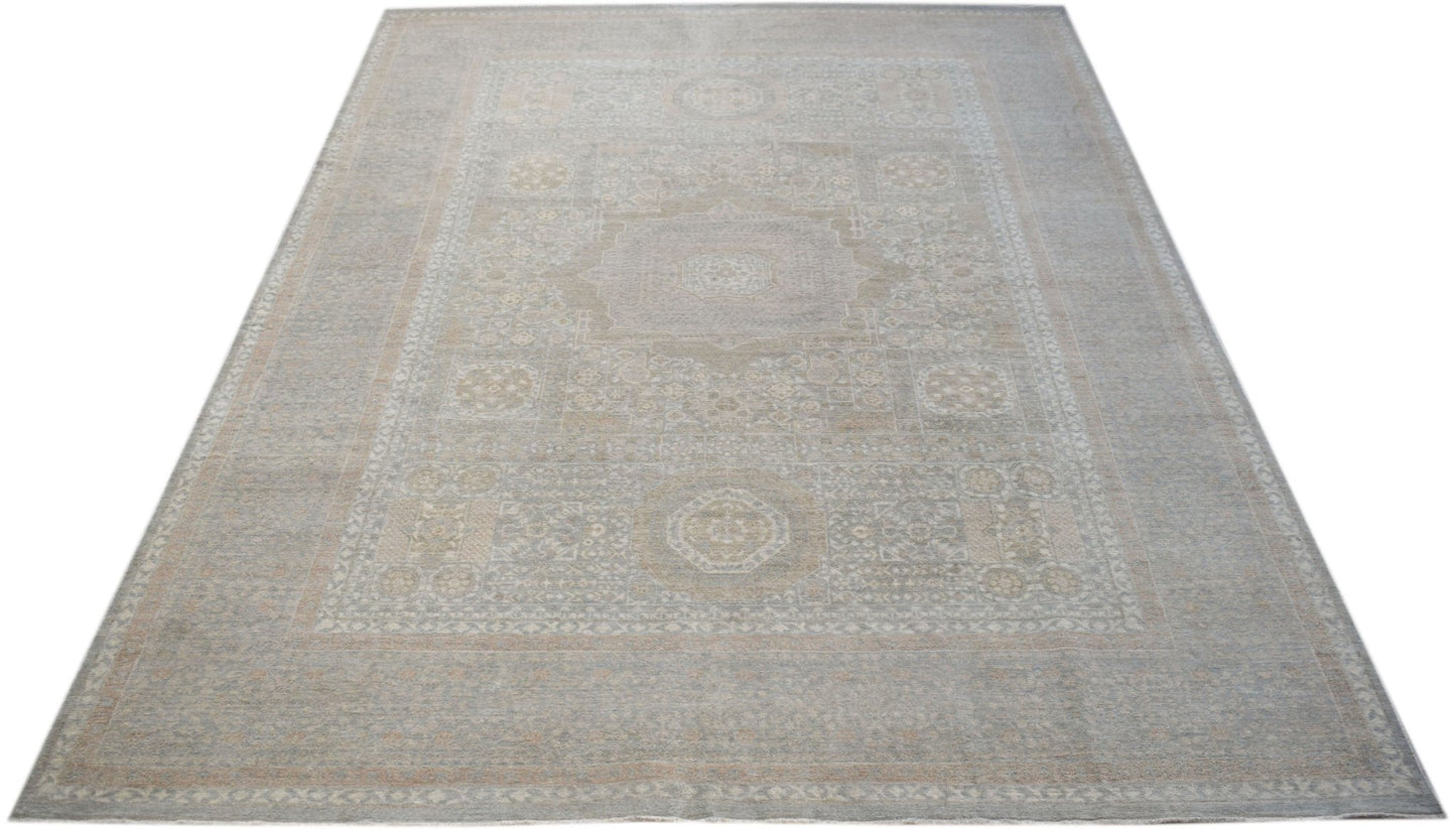 A handwoven Afghan Balkh rug featuring a traditional Chobi pattern in soft grey and beige tones.