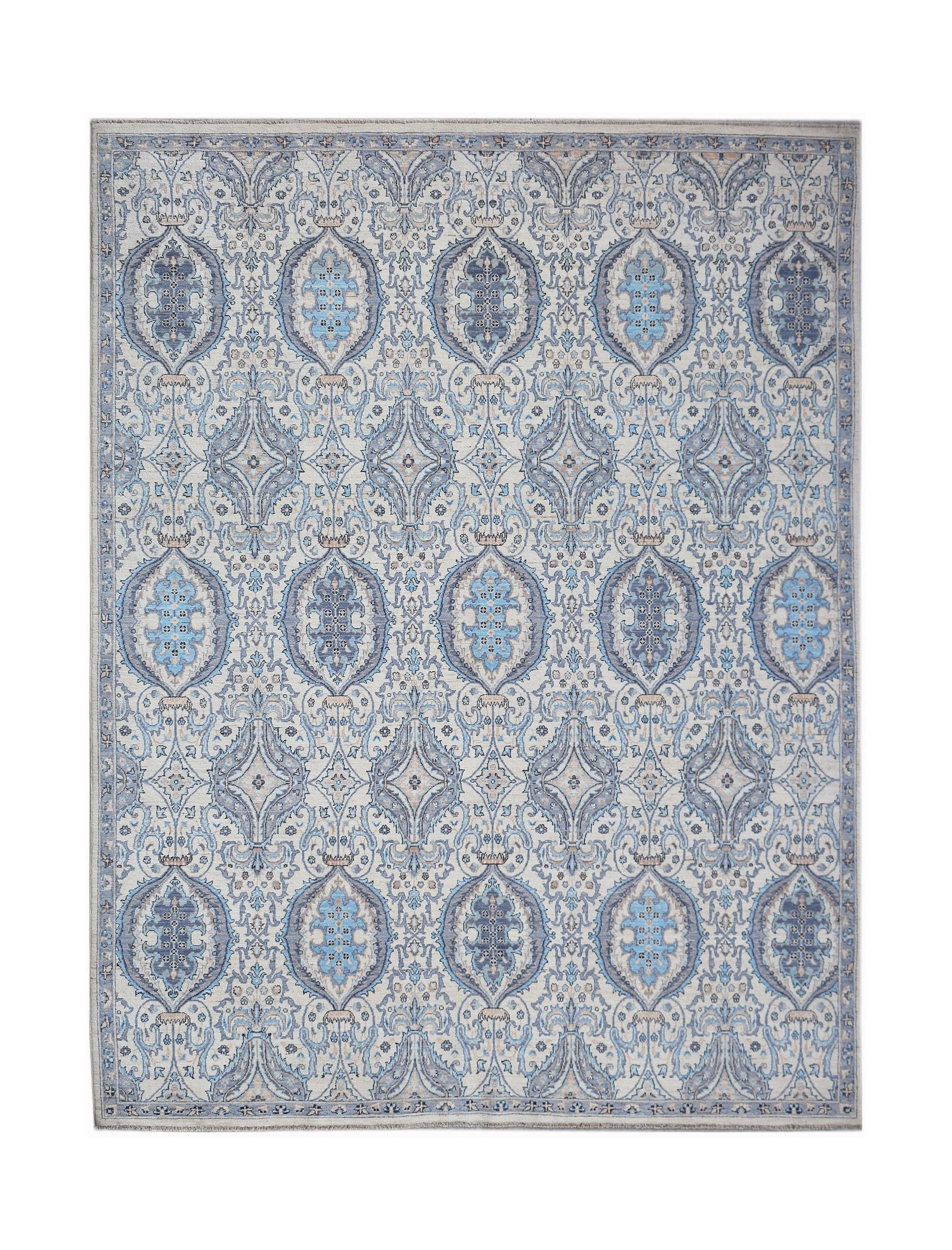Handwoven Afghan Balkh rug featuring a traditional blue and cream floral medallion pattern.