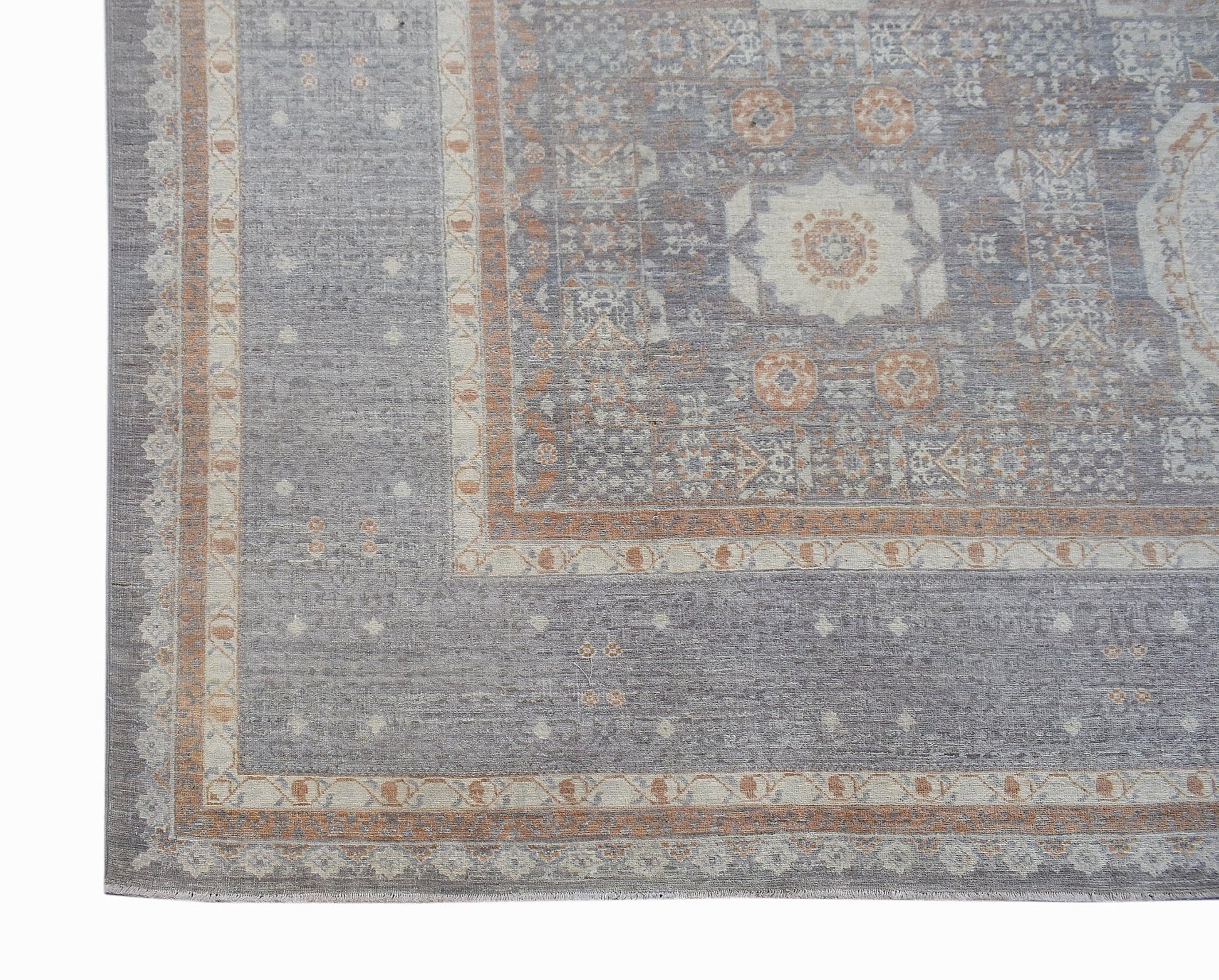 A handwoven Afghan Balkh rug featuring a traditional Mamluk pattern in grey and muted orange tones.