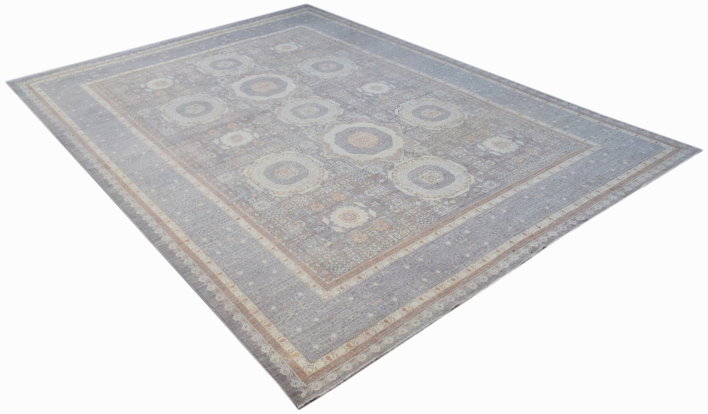 A rectangular Afghan Balkh rug featuring a traditional Mamluk pattern in muted grey and beige tones.