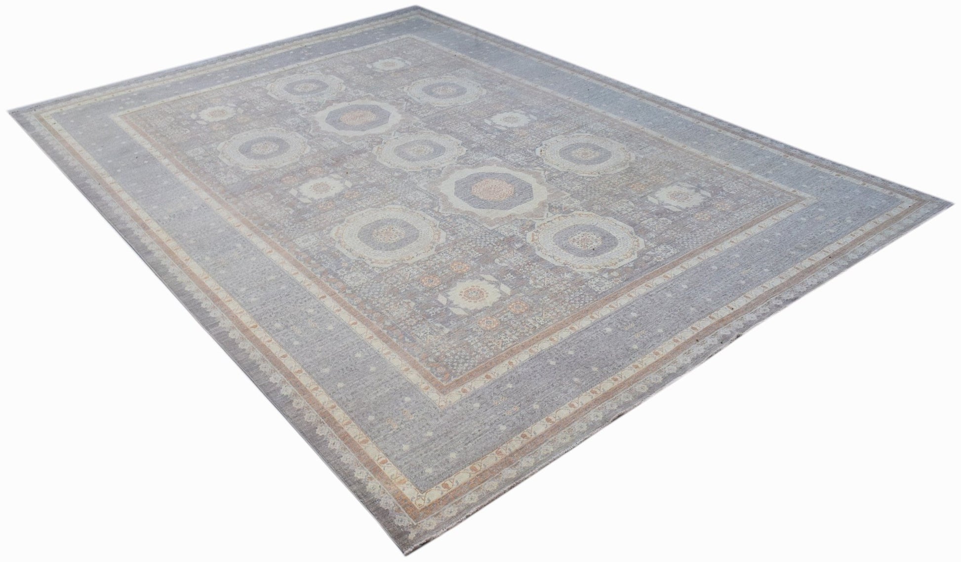 A rectangular Afghan Balkh rug featuring a traditional Mamluk pattern in muted grey and beige tones.