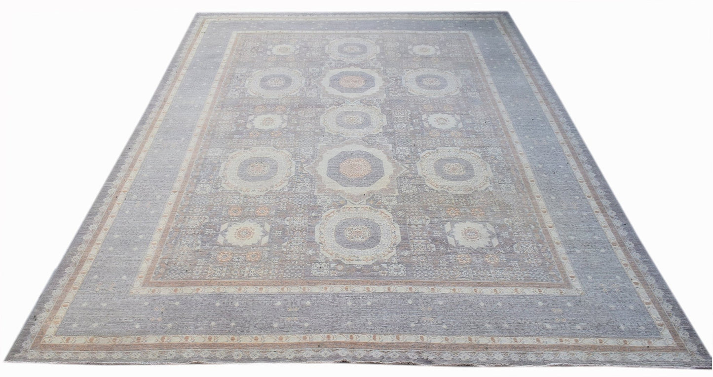 A handwoven Afghan Balkh rug featuring a traditional Mamluk pattern in soft grey and beige tones.