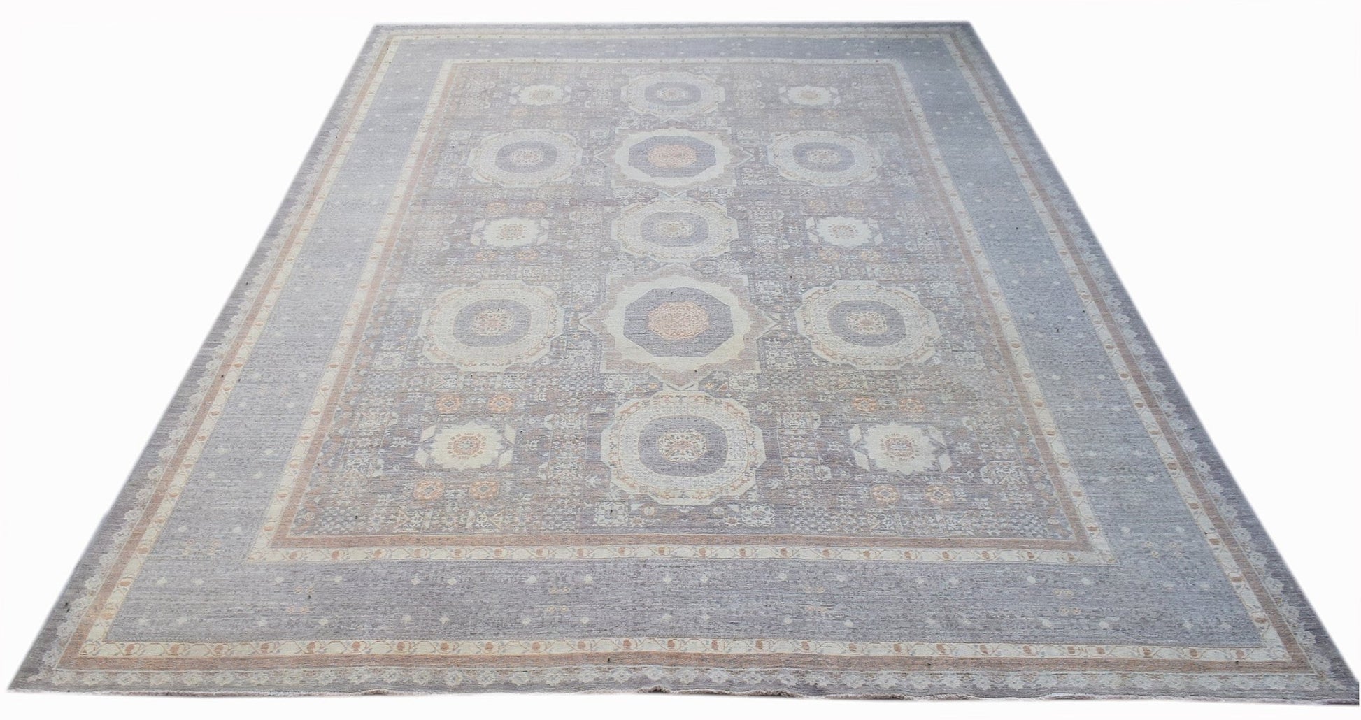 A handwoven Afghan Balkh rug featuring a traditional Mamluk pattern in soft grey and beige tones.