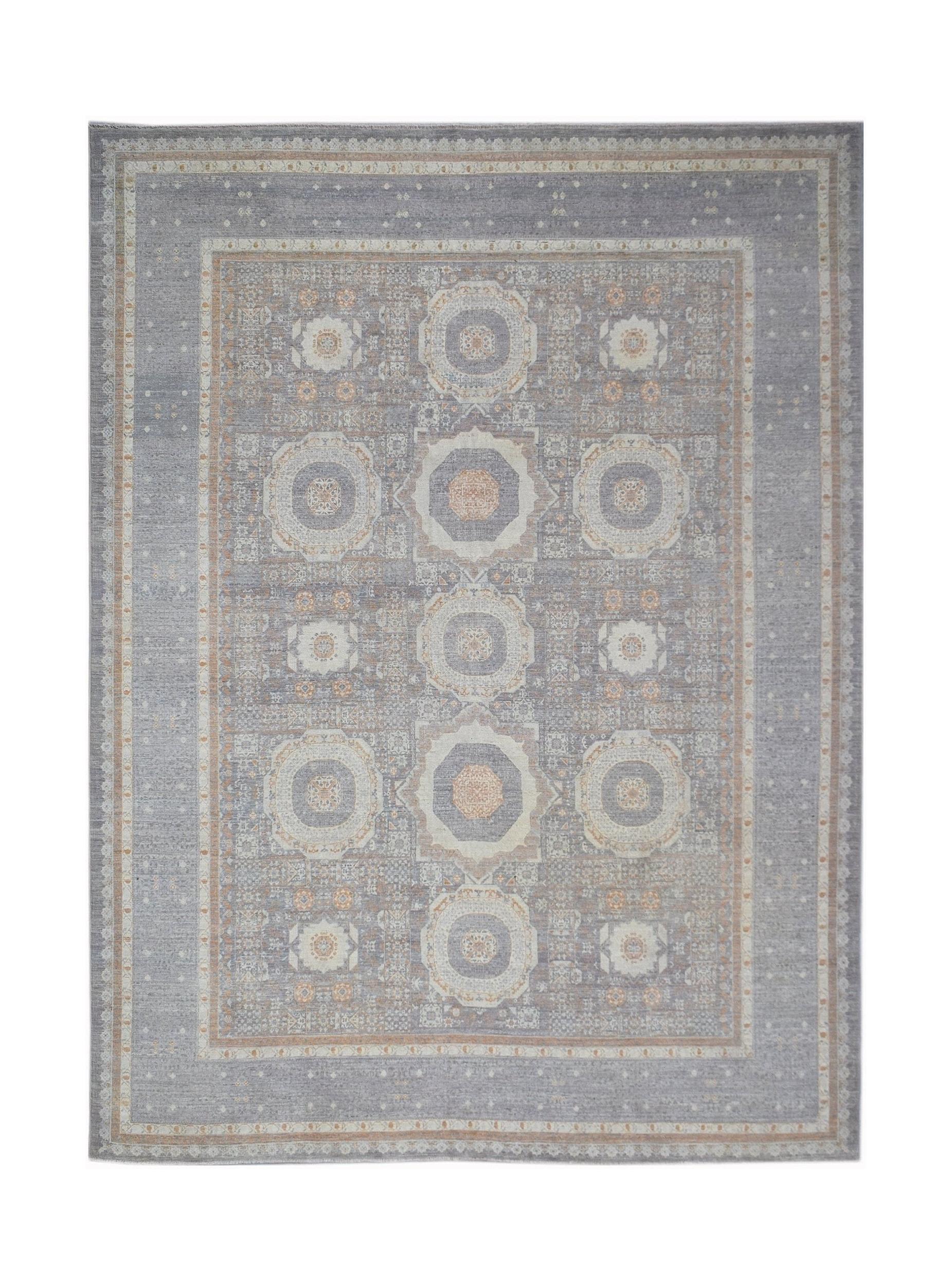 A rectangular Afghan Balkh rug featuring a grey field with a repeating geometric Mamluk pattern.