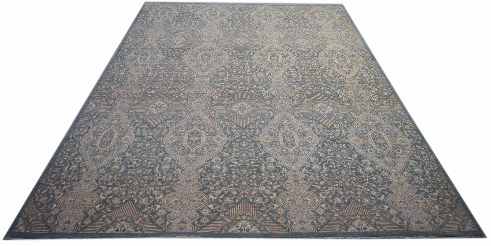 A handwoven Afghan Balkh rug featuring a traditional geometric pattern in shades of blue and brown.