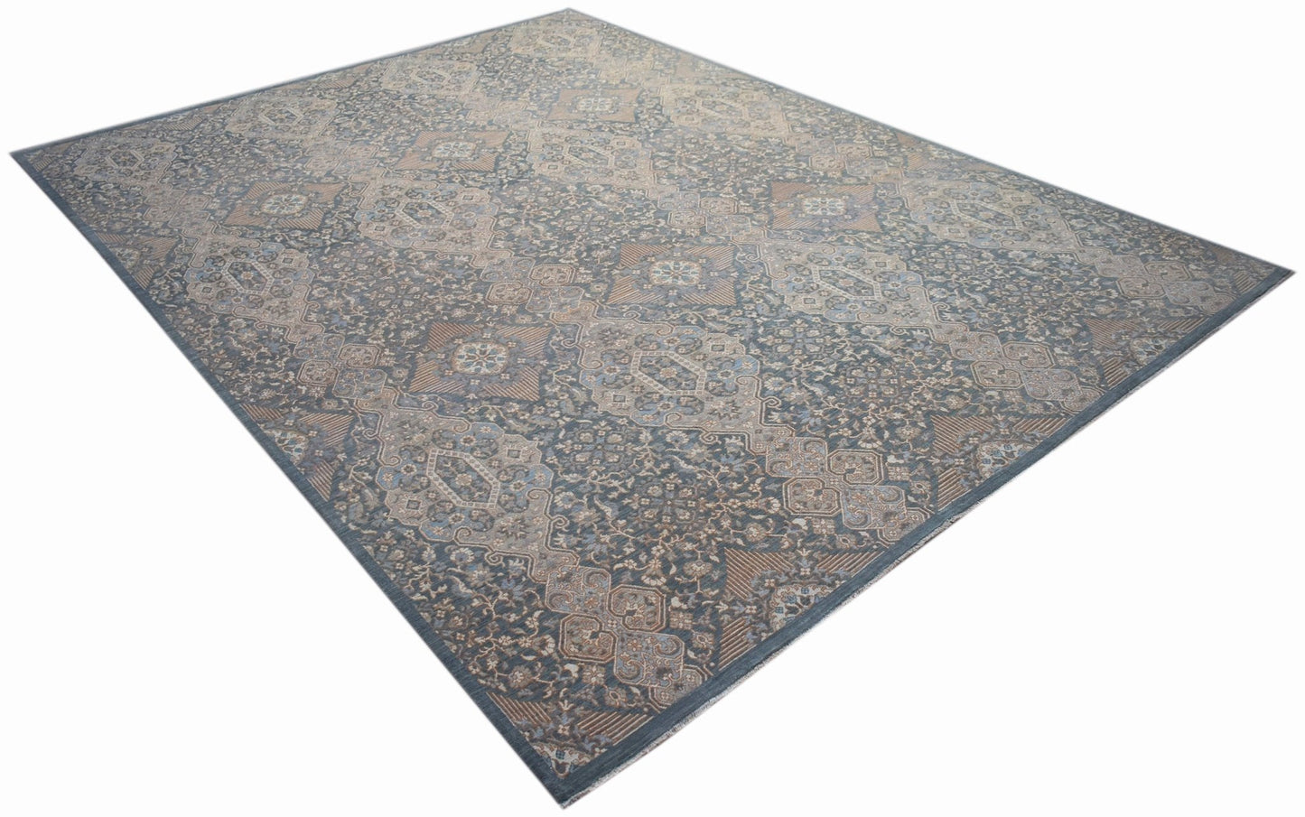 A rectangular Afghan Balkh rug featuring a traditional blue and beige geometric floral pattern.