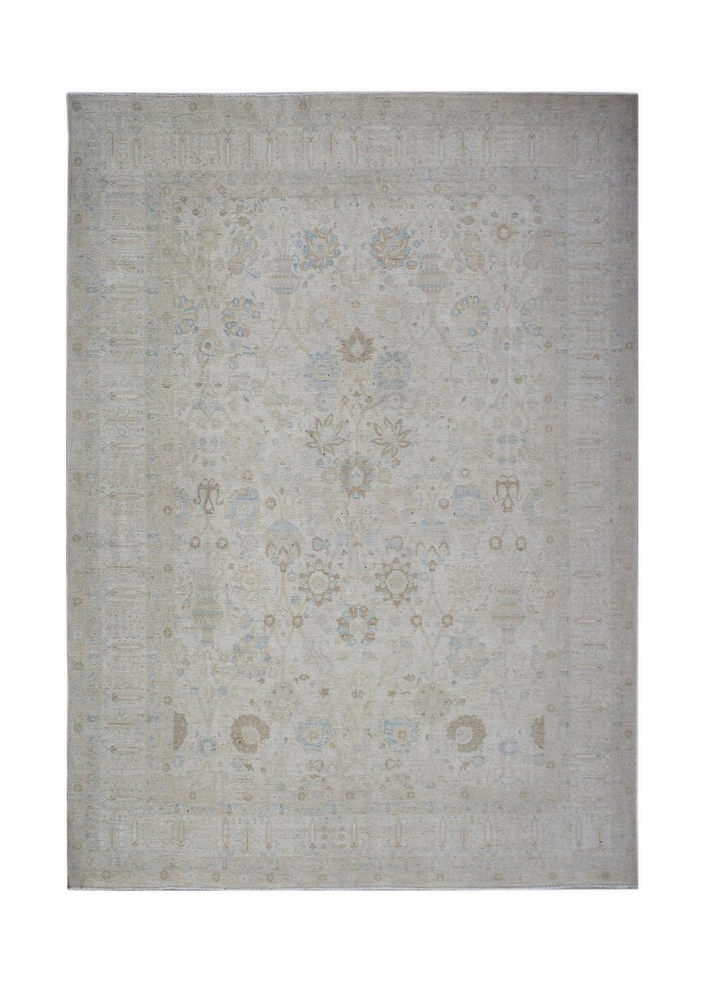 A rectangular Afghan Balkh rug featuring a traditional floral pattern in soft beige and blue tones.