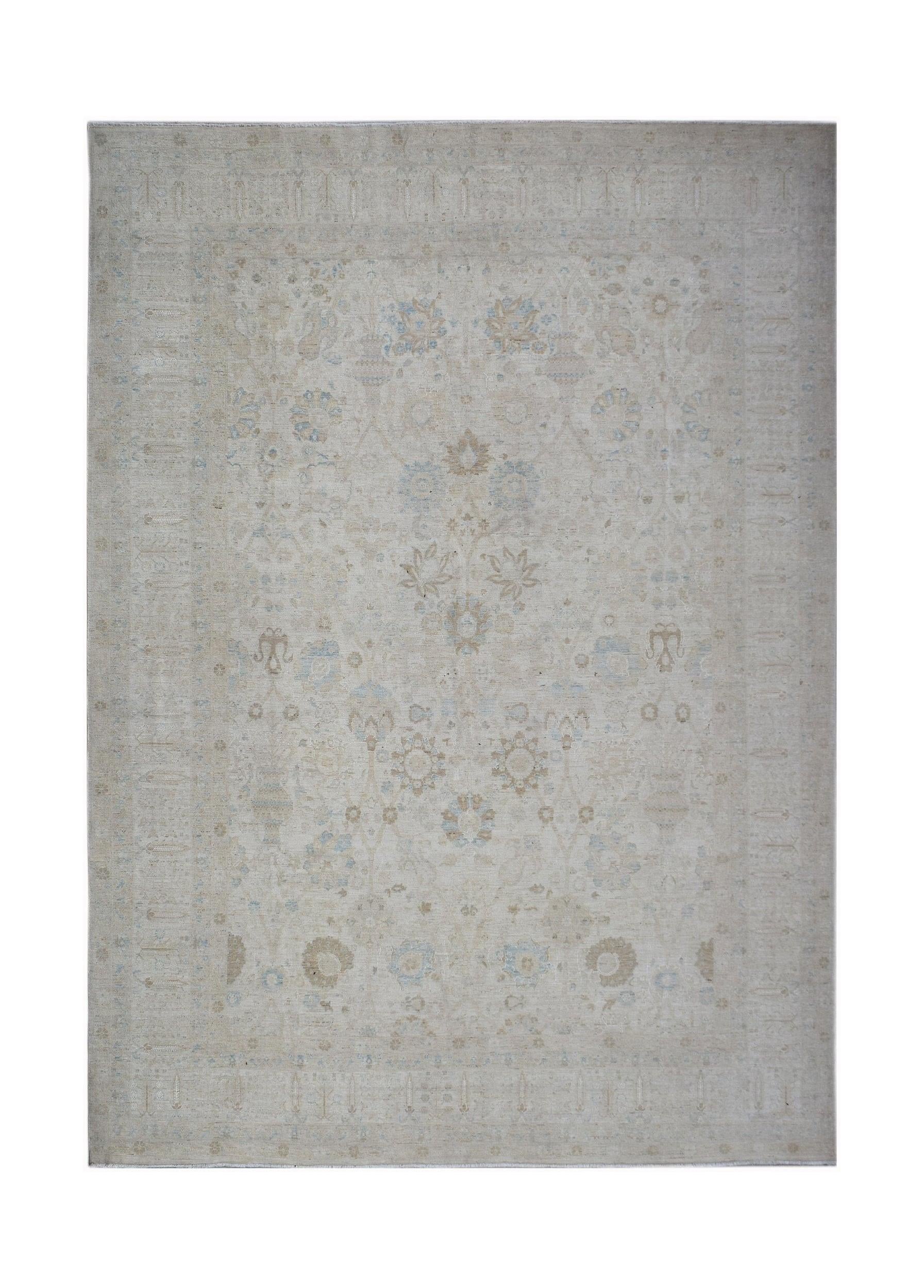 A rectangular Afghan Balkh rug featuring a traditional floral pattern in soft beige and blue tones.