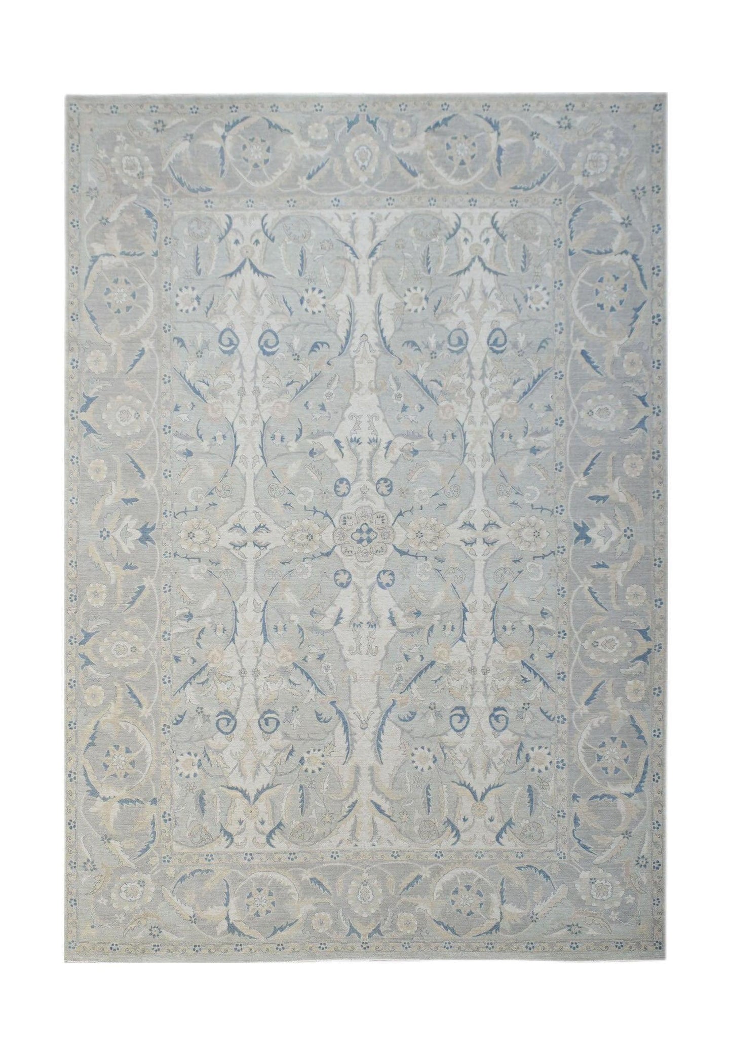 An Afghan Balkh rug featuring a traditional floral pattern in soft blue and beige tones.