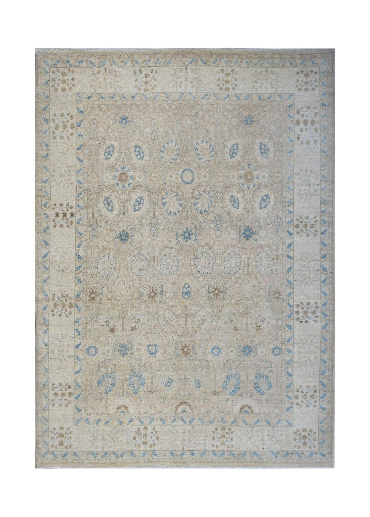 Handwoven Afghan Balkh rug featuring a traditional floral pattern in soft beige and blue tones.