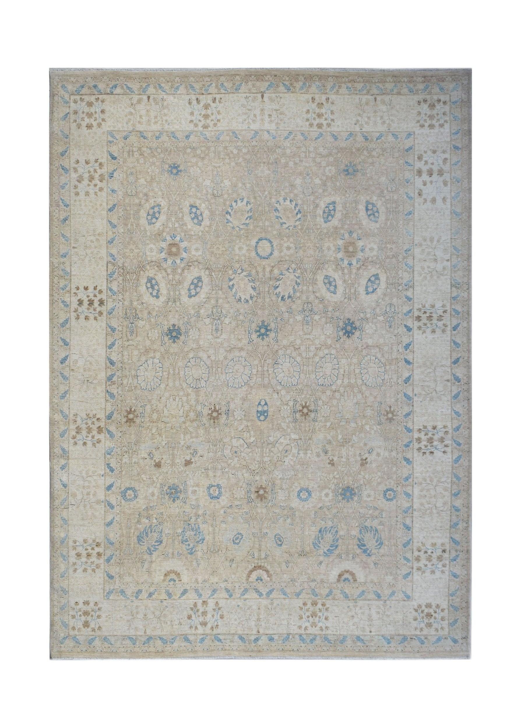 Handwoven Afghan Balkh rug featuring a traditional floral pattern in soft beige and blue tones.