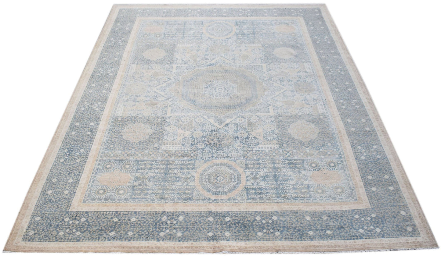A rectangular handwoven Afghan Balkh rug featuring a traditional blue and beige Mamluk pattern.