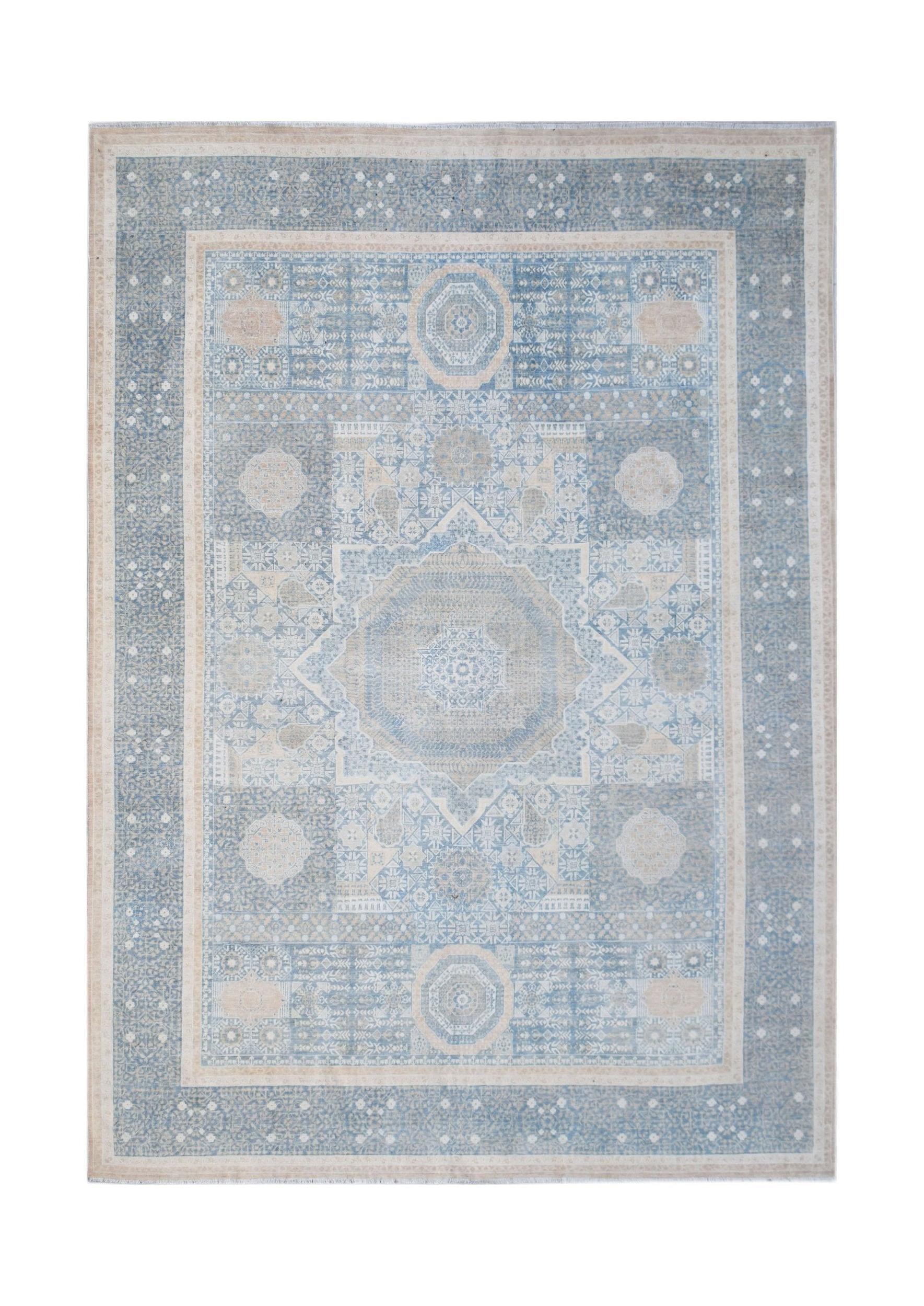 Handwoven Afghan Balkh rug featuring a traditional blue and beige Mamluk medallion pattern.