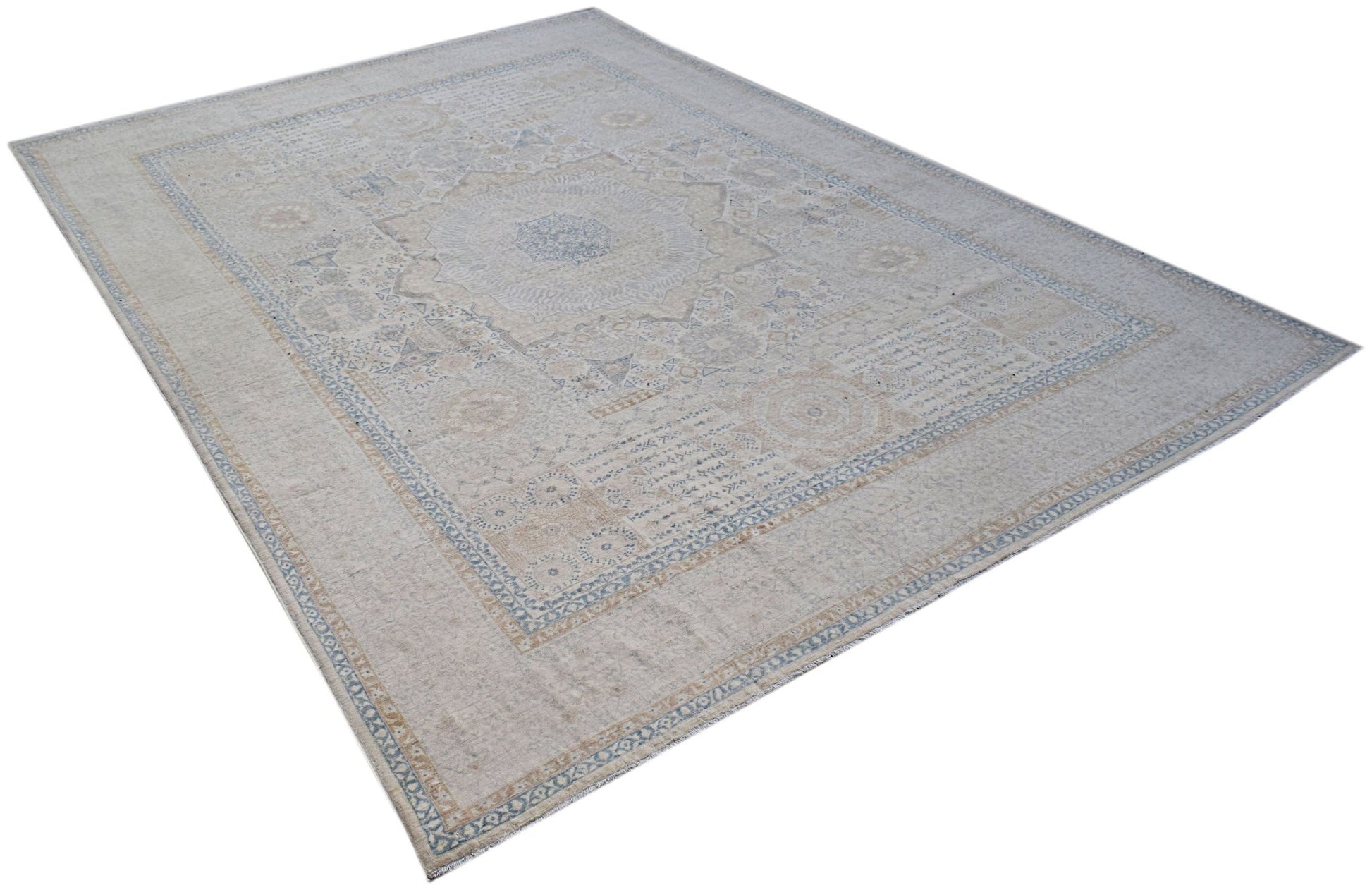 A handwoven Afghan Balkh rug featuring a traditional Mamluk medallion pattern in neutral tones.