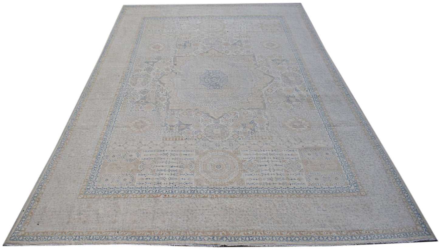 Handwoven Afghan Balkh rug featuring a traditional Mamluk medallion pattern in neutral tones.