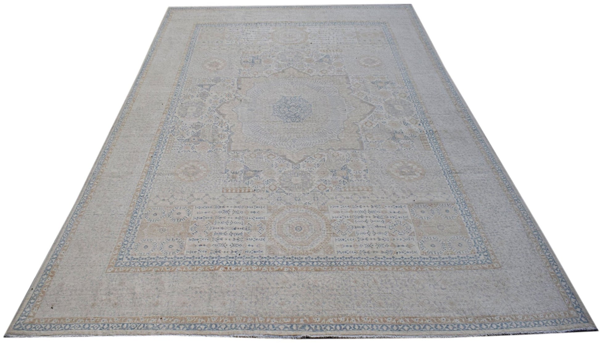 Handwoven Afghan Balkh rug featuring a traditional Mamluk medallion pattern in neutral tones.