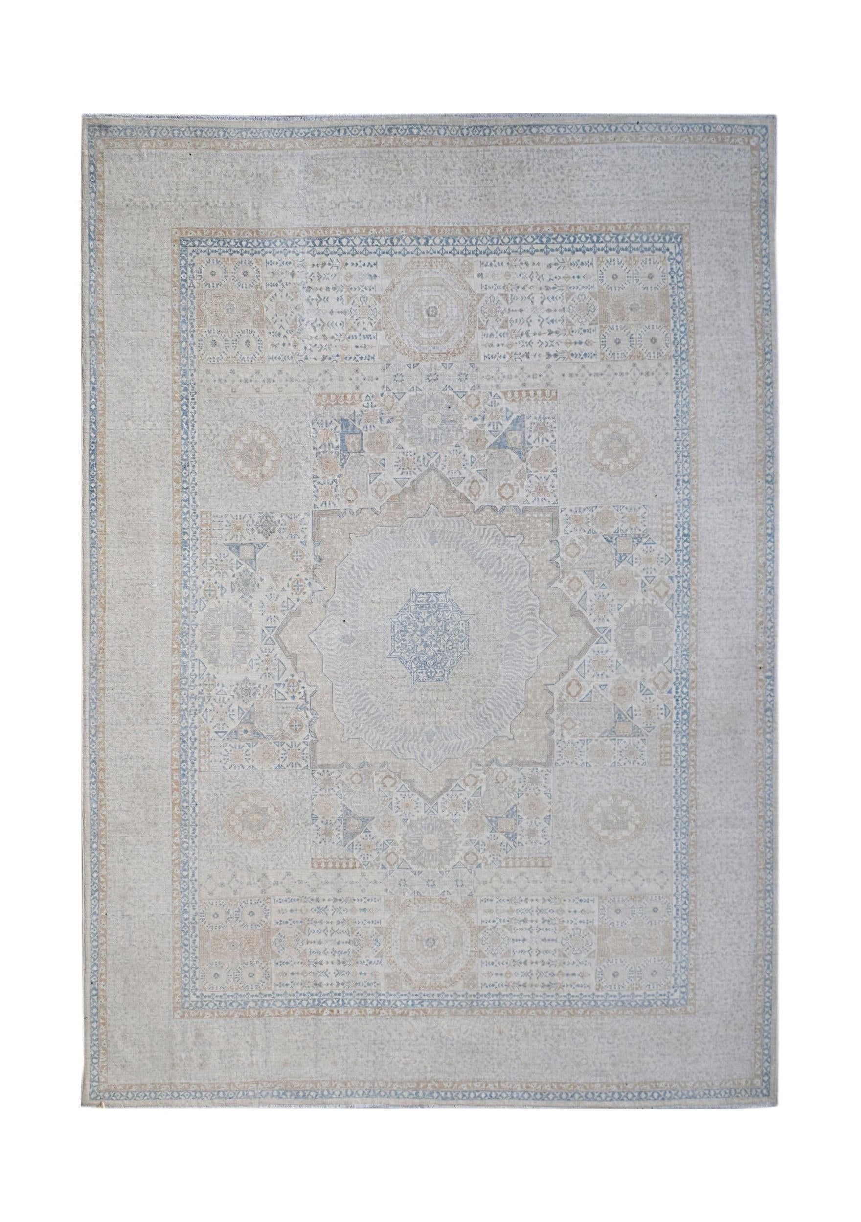 A handwoven Afghan Balkh rug featuring a traditional Mamluk medallion pattern in soft neutral tones.