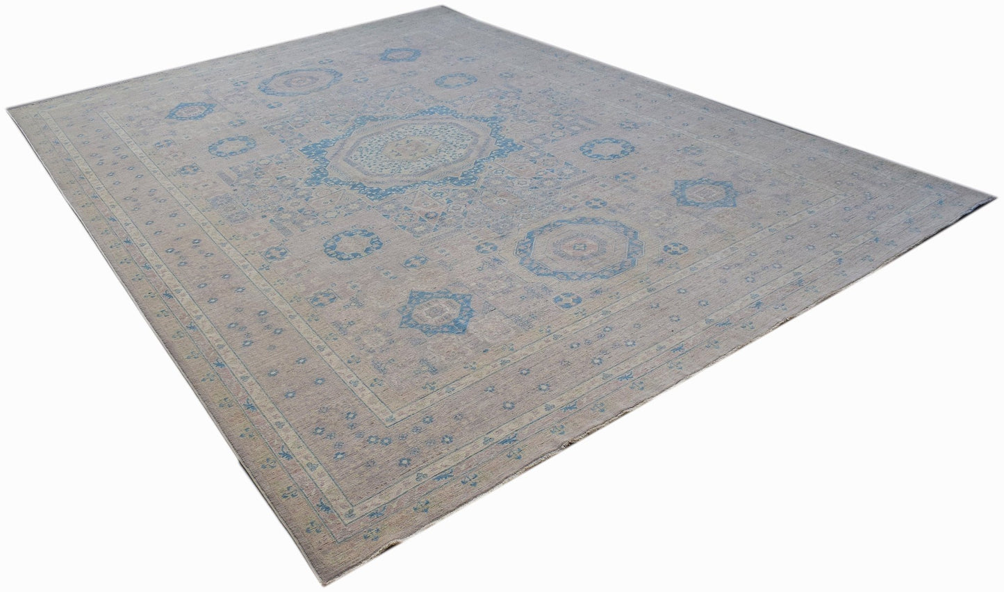 A rectangular Afghan Balkh rug featuring a traditional blue and beige geometric pattern.