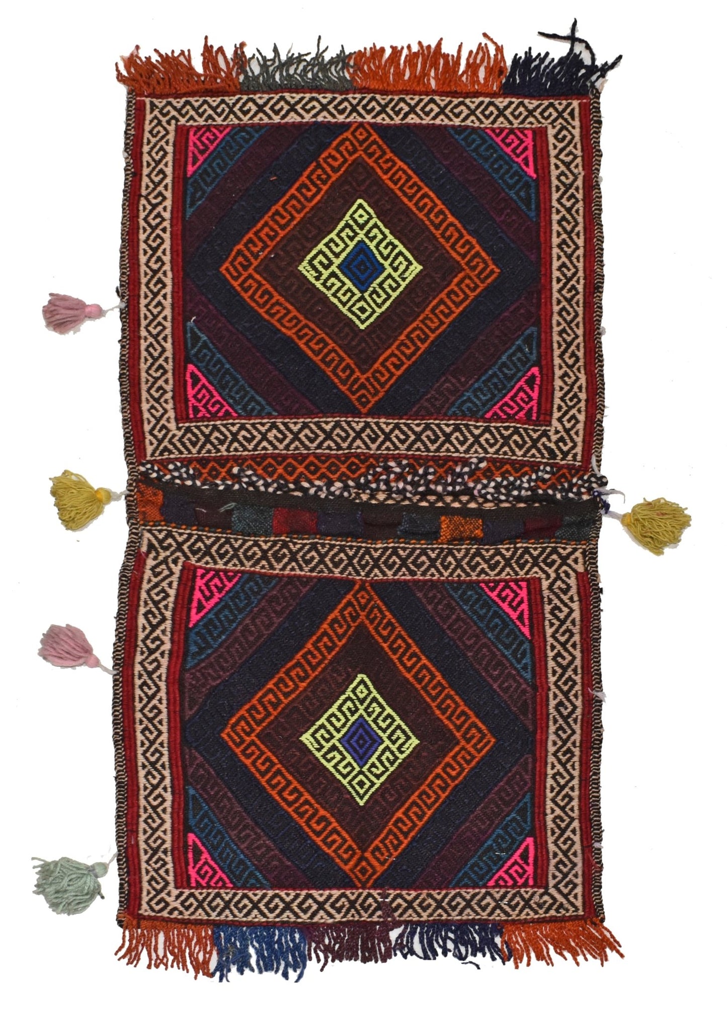 A vintage Afghan saddle bag featuring two square panels with geometric diamond patterns and tassels.