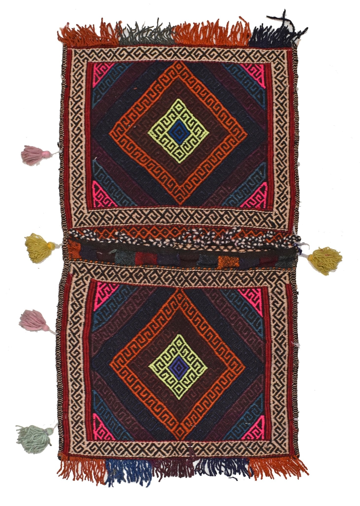 A vintage Afghan saddle bag featuring two square panels with geometric diamond patterns and tassels.