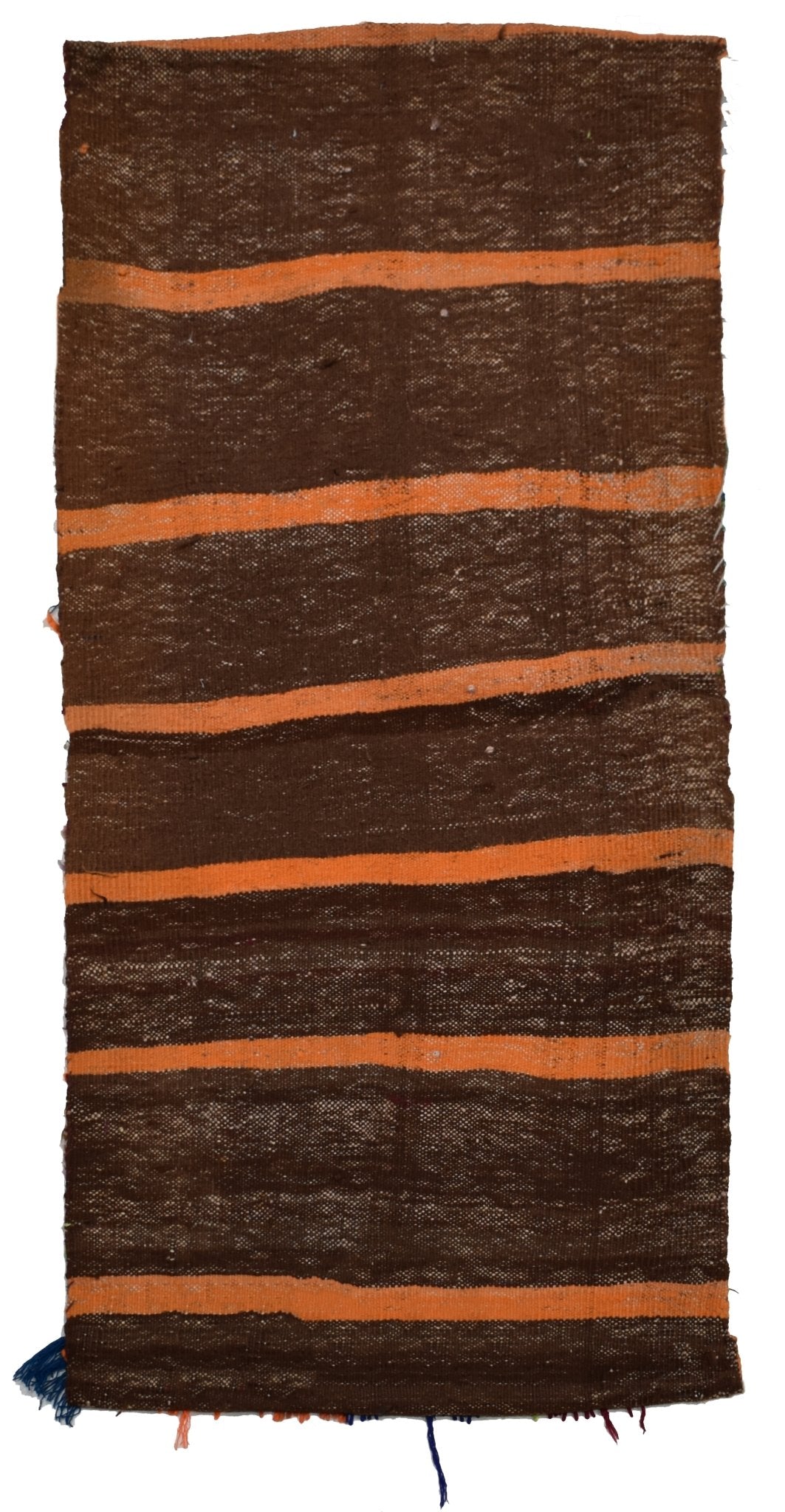 A handmade vintage Afghan wool saddle bag featuring horizontal brown and orange stripes.